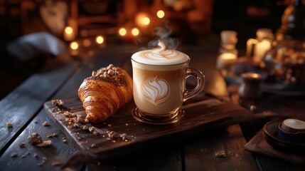 Wall Mural - Latte with latte art and croissant on a dark, vintage table, lit with moody light for a warm, nostalgic feel.