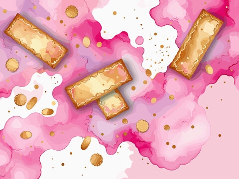 Abstract watercolor or alcohol ink art pink background element with golden crackers. Pastel pink marble drawing effect. template for wedding invitation,decoration, banner, background, png file