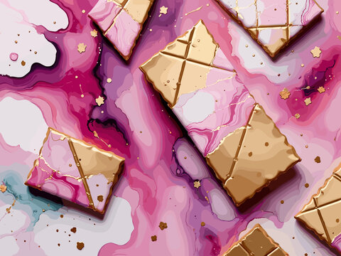 Abstract watercolor or alcohol ink art pink background element with golden crackers. Pastel pink marble drawing effect. template for wedding invitation,decoration, banner, background, png file