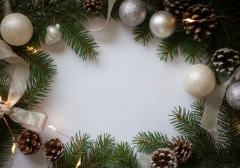Wall Mural - Christmas frame made of fir branches, ornaments, pine cones, and fairy lights on white background