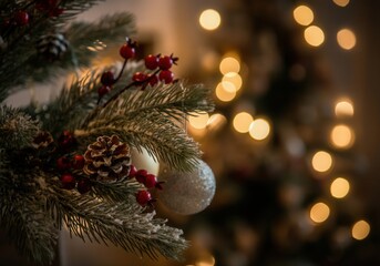 Wall Mural - close-up of a snow-dusted christmas tree branch adorned with pine cone, red berries, and a silver ba