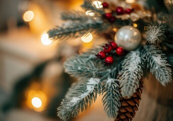 Wall Mural - christmas decoration with red berries, pine cone and silver ball hanging on a snowy pine branch with