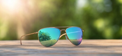 aviator sunglasses with mirrored lenses reflecting a sunny sky and trees on a wooden surface.