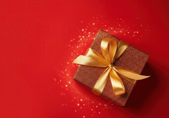 Wall Mural - elegant golden gift box with a gold ribbon on a vibrant red background, surrounded by sparkling glit