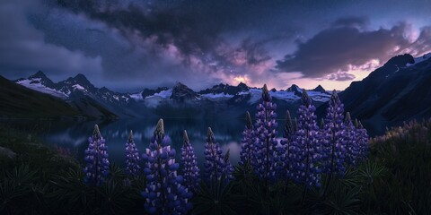 A beautiful night sky with a lake and mountains in the background. The sky is filled with stars and the moon is shining brightly. The purple flowers in the foreground add a pop of color to the scene