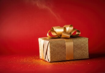 Wall Mural - golden gift box with gold ribbon and glitter on red background, perfect for christmas, birthday or o