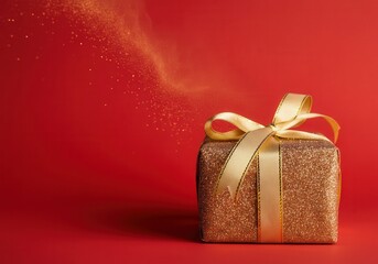 Wall Mural - golden gift box with gold ribbon and sparkling glitter on red background, creating a festive and lux