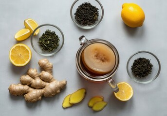 Wall Mural - Kombucha fermenting in glass jar with ginger, lemon and tea leaves on table