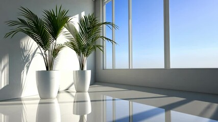 Wall Mural - two potted palm trees stand in a bright room with a large window