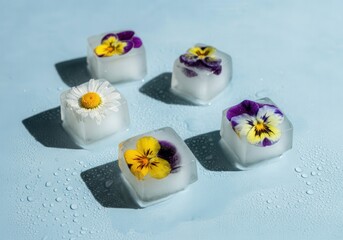 Poster - Ice cubes encapsulating colorful pansies and a daisy slowly melt on a light blue backdrop