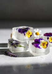 Poster - Melting ice cubes containing colorful edible flowers create refreshing patterns of light and shadow on a white table