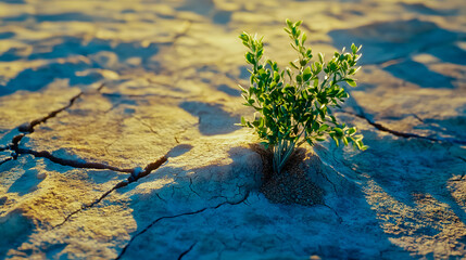 Wall Mural - Small, fragile plant struggling to survive in the middle of a barren desert.