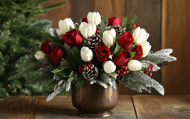 Wall Mural - Elegant Christmas floral arrangement featuring deep red roses and white tulips in a vintage metal vase