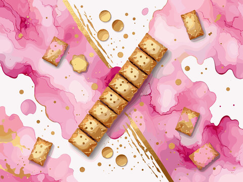 Abstract watercolor or alcohol ink art pink background element with golden crackers. Pastel pink marble drawing effect. template for wedding invitation,decoration, banner, background, png file