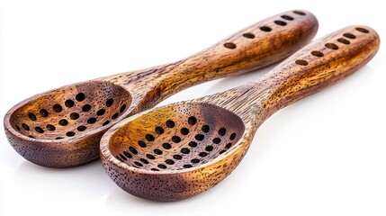 Two wooden slotted spoons with unique designs showcasing craftsmanship and functionality for kitchen use