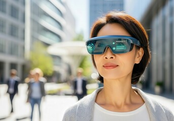 Poster - Businesswoman wearing ar glasses walking in city center using futuristic technology