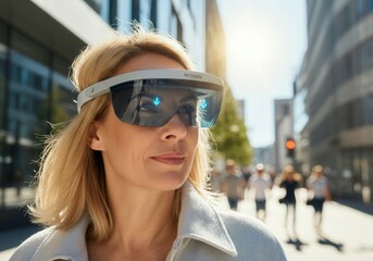 Poster - Blond businesswoman wearing augmented reality glasses walks in a modern city center