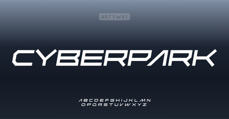 Leinwandbilder - Wide geometric alphabet, bold cyberpunk font, futuristic angular typography, robotic industry typeface, techno sci-fi character, digital branding power. Vector typeset