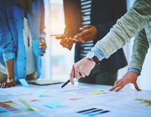 Sticker - Hands, group discussion and business people pointing at paper for strategy, data or brainstorming. Team, documents or project manager in meeting on tablet with sticky note or creative idea in startup