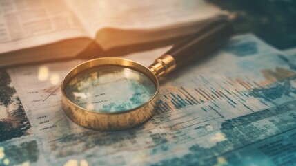 Poster - Magnifying glass on business charts, representing analysis, research, and financial data review.