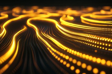 Fototapete - Flowing golden light patterns create a mesmerizing abstract visual experience in a dark environment. Generative AI