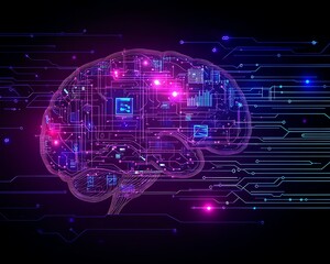 Poster - A futuristic purple background with a brain silhouette composed of blue and white lines and data points, showcasing the interconnected system of artificial intelligence