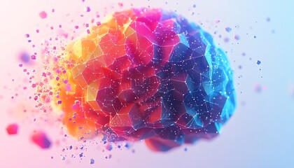 Poster - A modern, colorful brain made of hexagons and vibrant data points, set against a white background, representing AI, deep learning, and geometric innovation