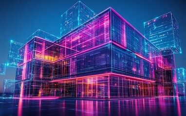 Poster - A sleek office building surrounded by interconnected data streams and floating digital grids, representing AIdriven technology, futuristic neon colors