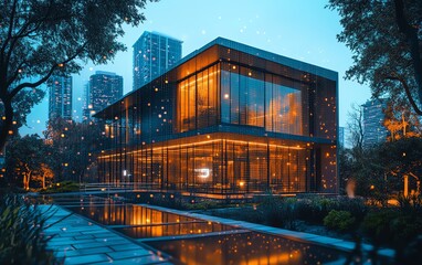Poster - A sleek office building surrounded by interconnected data streams and floating digital grids, representing AIdriven technology, futuristic neon colors