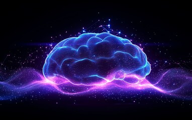 Poster - Abstract brain silhouette formed by blue and white lines on a purple background, with data points connecting the lines to represent the network of artificial intelligence