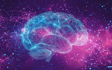 Poster - Abstract brain silhouette formed by blue and white lines on a purple background, with data points connecting the lines to represent the network of artificial intelligence