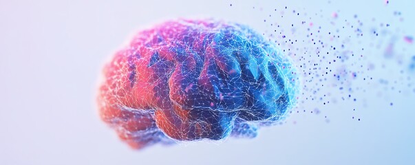 Poster - Colorful brain formed from hexagonal shapes and floating data points on a white background, representing AI and advanced technology with geometric precision