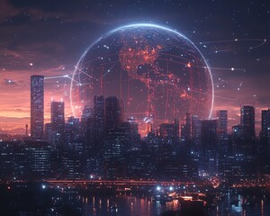 Poster - Futuristic digital globe with global connection lines and dots, illuminated by city lights and set against a nighttime city skyline with a techinspired glow