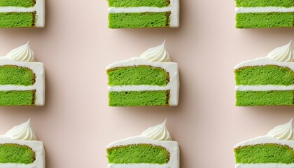 Wall Mural - A visually appealing display of green cake slices adorned with white frosting, arranged in a repeating pattern on a soft pink background.