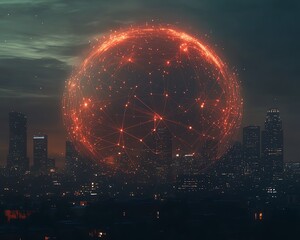 Poster - Futuristic digital globe with global connection lines and dots, illuminated by city lights and set against a nighttime city skyline with a techinspired glow