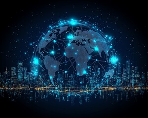 Poster - Hightech digital globe with lines and dots representing global connections, set against a dark cityscape lit by streetlights and skyscraper lights, urban tech design