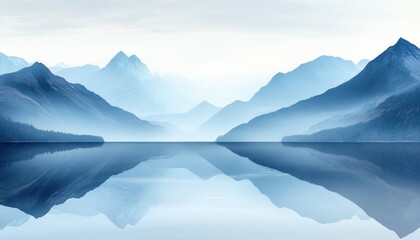 Wall Mural - Serene lake reflecting mountains in early morning light with soft mist