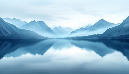 Wall Mural - Tranquil morning over misty mountains and calm lake in serene landscape at dawn