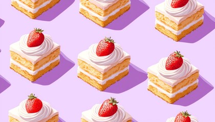 Wall Mural - A pattern of delicious strawberry shortcake slices with cream on a pastel purple background.