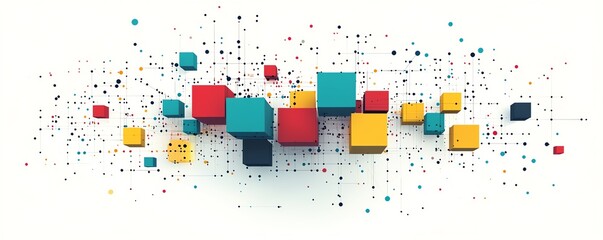 Minimalist isometric network with colorful blocks and connecting dots, drawn with simple lines on a white background, symbolizing data networks and digital connectivity