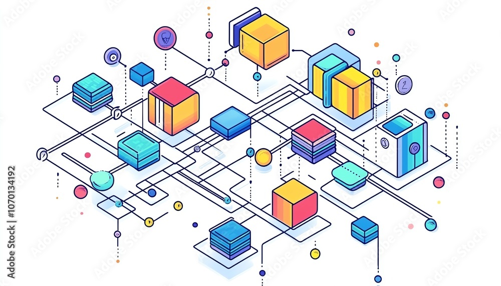 Simple line drawing of a colorful isometric network with blocks and ...