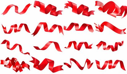 Poster - 30 red vector ribbons, in various shapes and sizes, on a white background. 