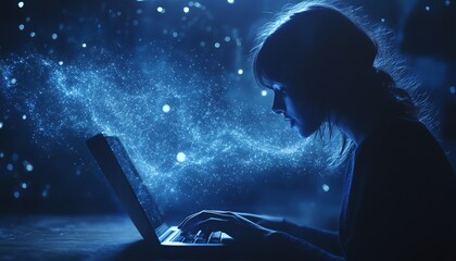Aufkleber - A person using a laptop, with digital data flowing towards them in dark blue tones, connecting the screen with flowing lines to represent digital communication and innovation