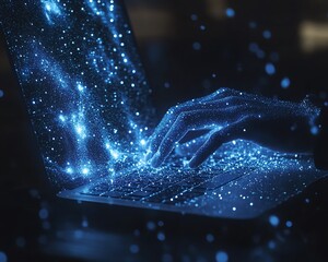 Aufkleber - A person working on a laptop, with digital data flowing from the screen and connecting to them in dark blue tones, highlighting the digital age and technological advancements