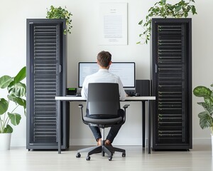 Aufkleber - Businessman sitting at a desk with a computer, large server racks, and cloud storage, on a white background with ample copy space for web design purposes