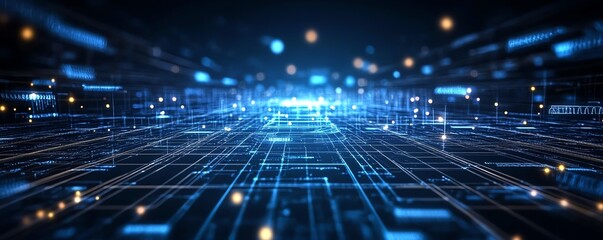 Aufkleber - White digital connections and futuristic technology elements against a dark blue background, showcasing a modern tech landscape and digital integration