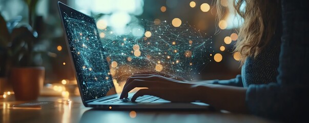 Leinwandbilder - A business professional typing on a laptop in a modern office