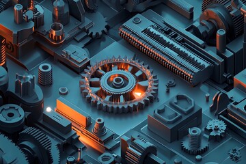 Poster - A close-up view of intricate mechanical gears and machinery components in a blue and orange ambient light setting. Generative AI