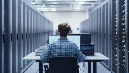Leinwandbilder - A man at his desk working on a computer, surrounded by large server racks and cloud storage, on a clean white background with generous copy space for a professional website design
