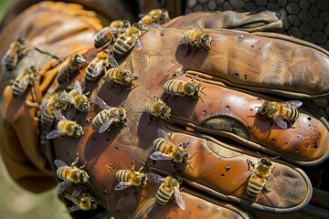 Poster - Beekeeper is wearing a thick protective glove as a swarm of bees lands on his hand